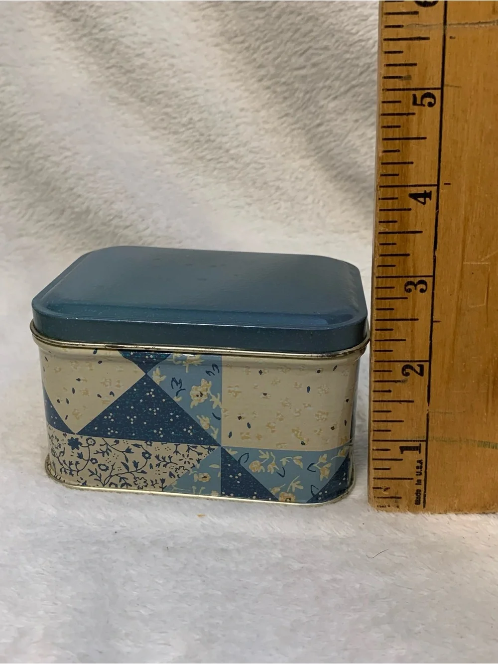 Vintage Blue Patchwork Cottagecore Country Farmhouse Decorative Tin Storage Box